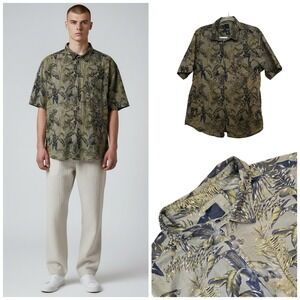 H&M Mens Regular Fit Tropical Palm Leaf Button Down Shirt Olive‎ Green Size L